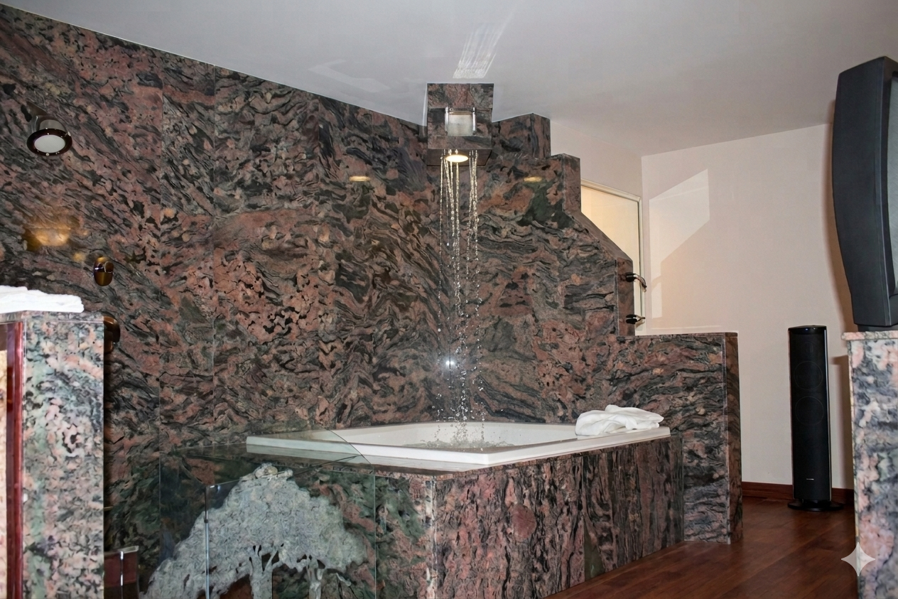 suite bathroom water cascading down in tub